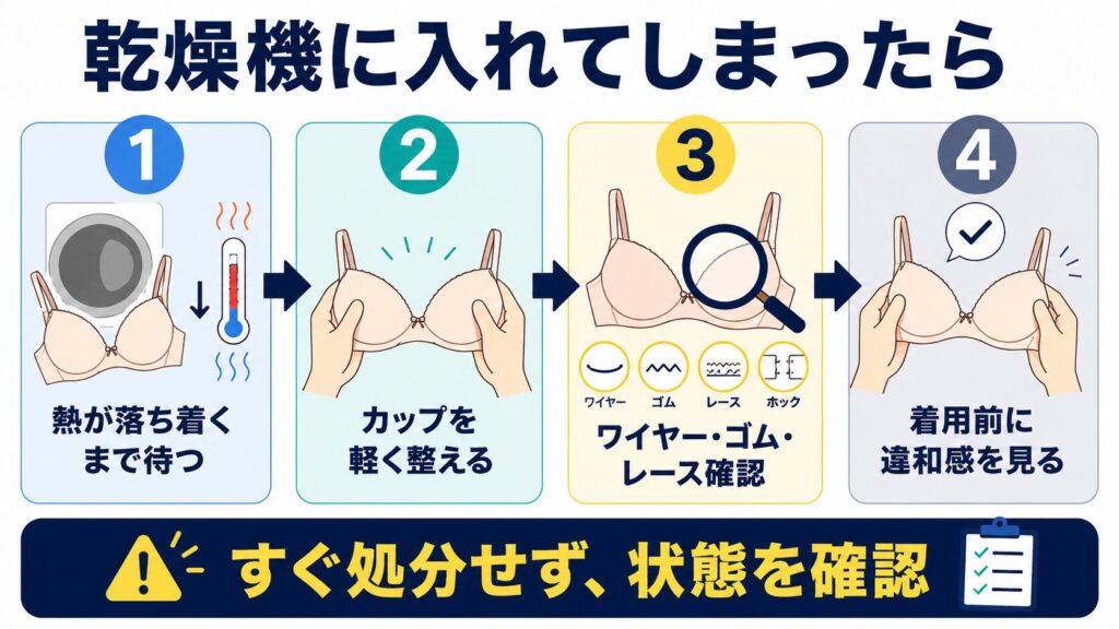 ブラジャーを乾燥機に入れてしまった後、熱を冷まし、形やワイヤー、ゴム、レース、着用感を確認する手順の図解