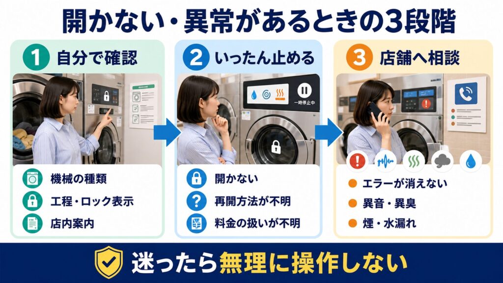 コインランドリーで自分で確認する状態、操作を止める状態、店舗へ相談する状態を3段階で示した図解