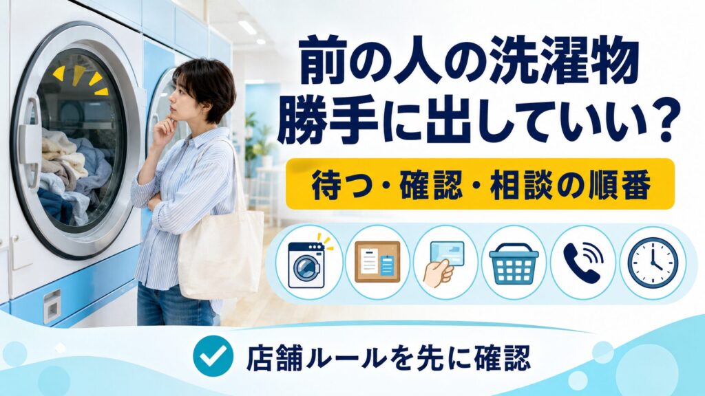 コインランドリーで前の人の洗濯物が残っているときに、待つ、店舗ルールを確認する、管理者へ相談する順番を示す図解