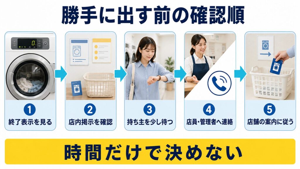 コインランドリーで他人の洗濯物を出す前に、終了表示、店内掲示、待機、管理者への連絡、店舗案内を確認する手順