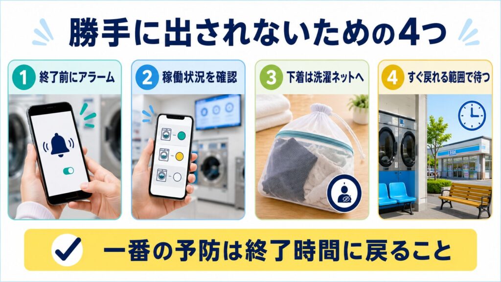 コインランドリーで洗濯物を放置しないために、アラーム、稼働状況確認、洗濯ネット、すぐ戻れる範囲で待つ方法を示す図解