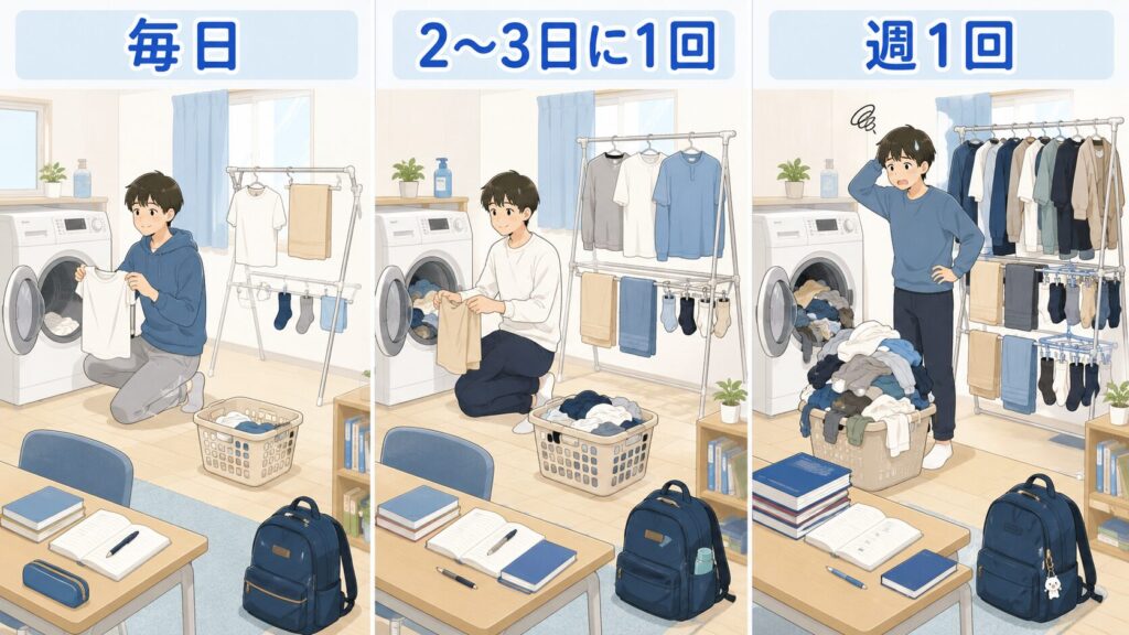 大学生一人暮らしの洗濯頻度を毎日、2〜3日に1回、週1回で比較