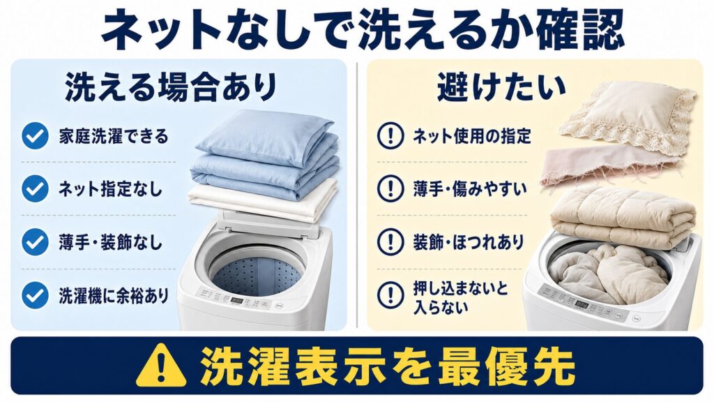 布団カバーやシーツをネットなしで洗える条件と、ネットなしを避けたい条件を左右で比較した図解