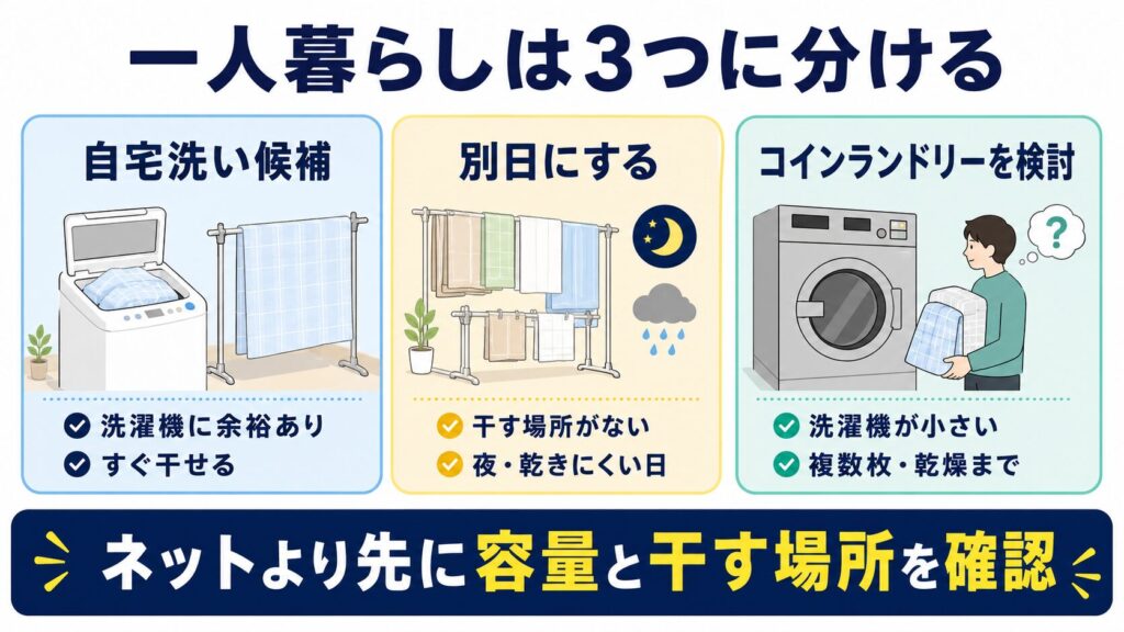 一人暮らしの布団カバー洗濯について、自宅洗い、別日にする、コインランドリーを検討する条件を分けた図解