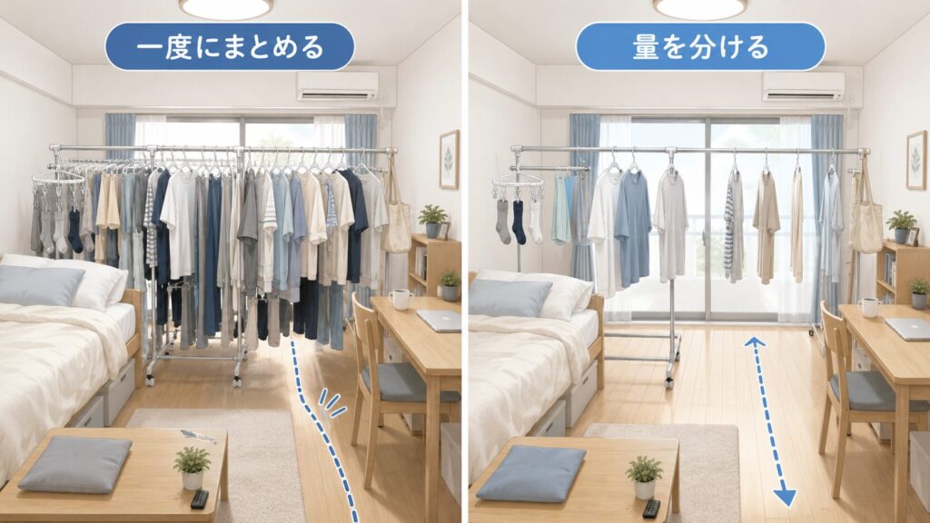 ワンルームで週1回分を一度に干す場合と量を分けて干す場合の比較