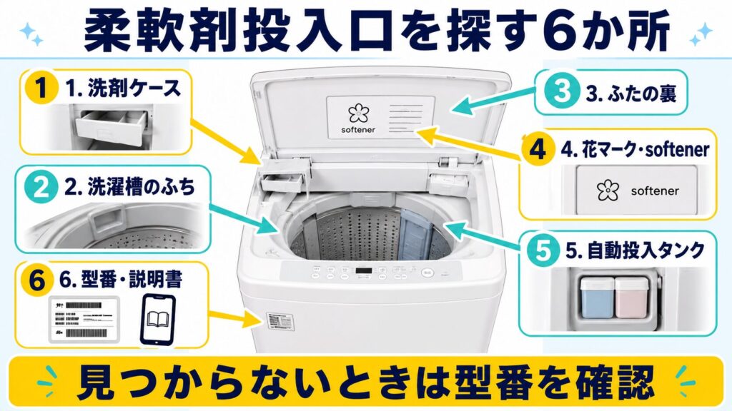 柔軟剤投入口を探す場所として、洗剤ケース、洗濯槽のふち、ふた裏、表示マーク、自動投入タンク、型番を示した図解