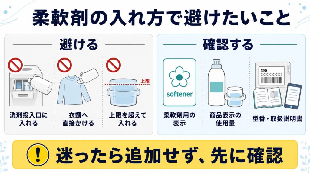 柔軟剤を洗剤投入口へ入れる、衣類へ直接かける、上限を超えて入れることを避け、表示や使用量、取扱説明書を確認する図解