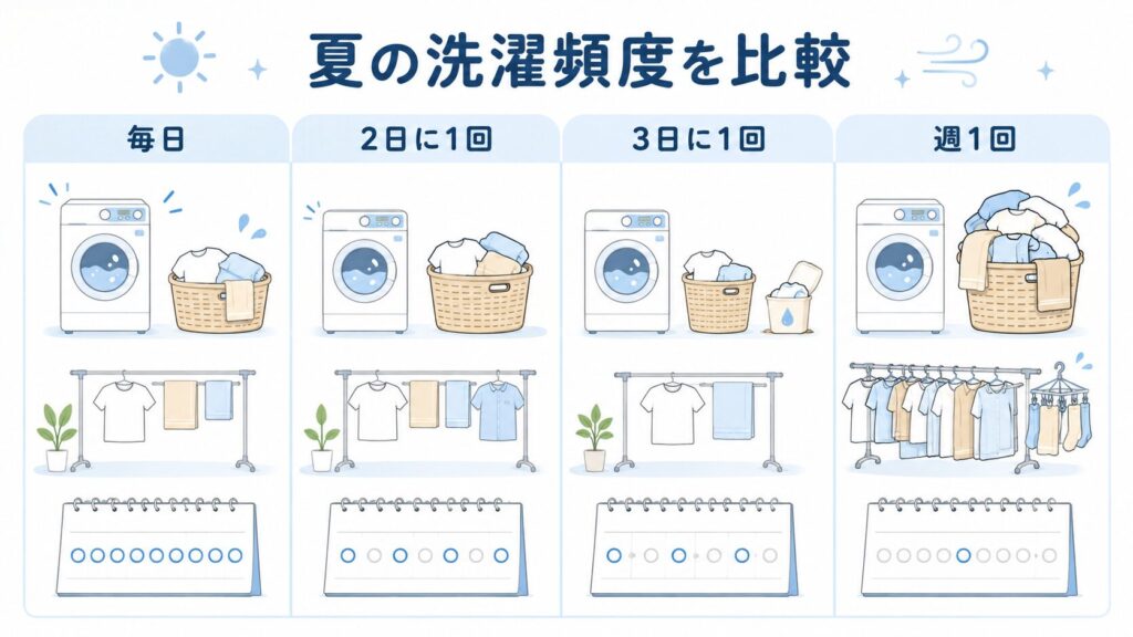 夏の一人暮らしに合う洗濯頻度を毎日、2日に1回、3日に1回、週1回で比較