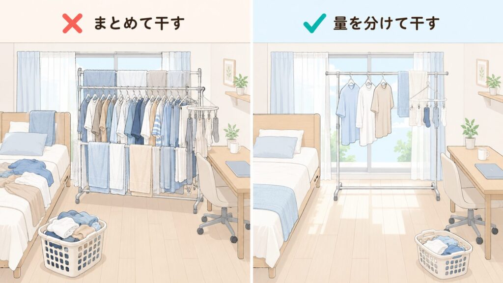 ワンルームで夏の洗濯物を一度に干す場合と量を分けて干す場合の比較