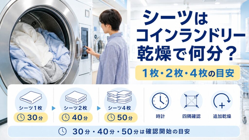 コインランドリーでシーツ1枚・2枚・4枚の乾燥時間を確認する利用者と30分・40分・50分の目安