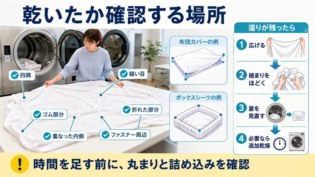 乾燥後のシーツで四隅、縫い目、ゴム部分、内側を確認し、広げ直してから追加乾燥を判断する図解