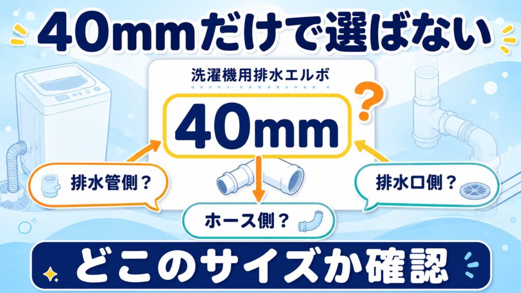 洗濯機エルボの40mm表記がどの接続部分を示すか確認する注意図解