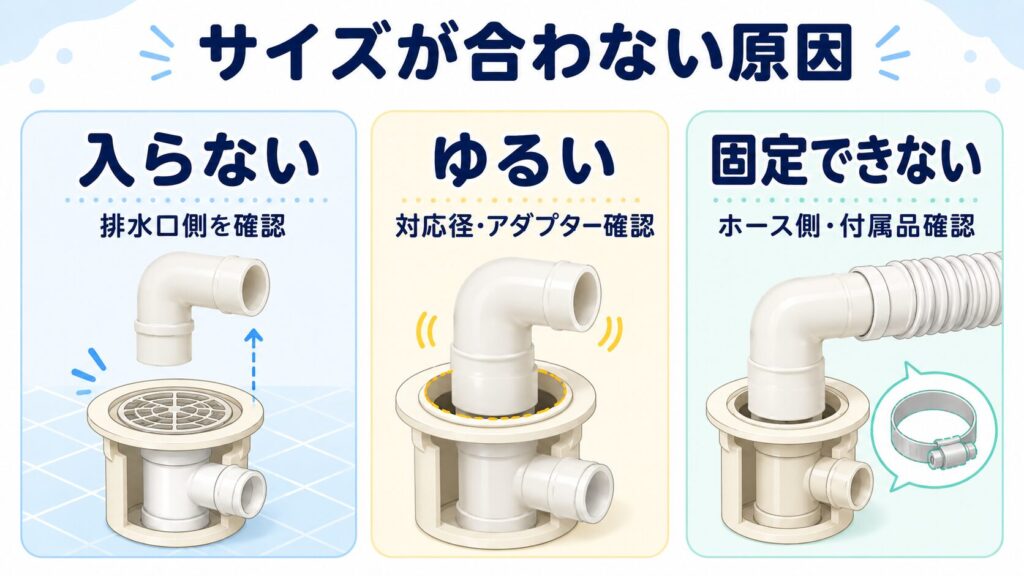 洗濯機エルボが入らない、ゆるい、固定できない原因を比較した図解
