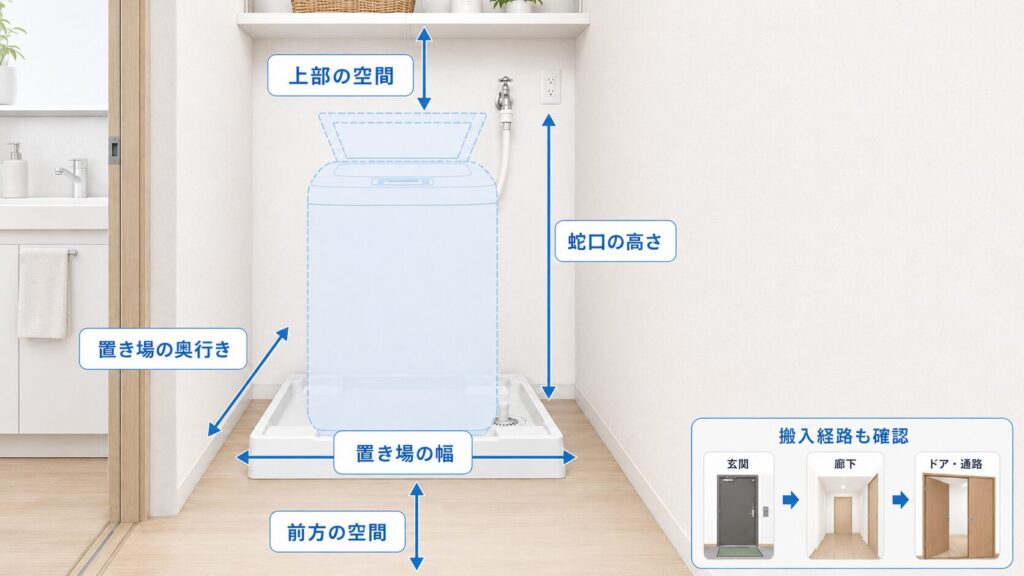 洗濯機を購入する前に測る設置場所の幅・奥行き・蛇口の高さ・上部・前方スペースの図