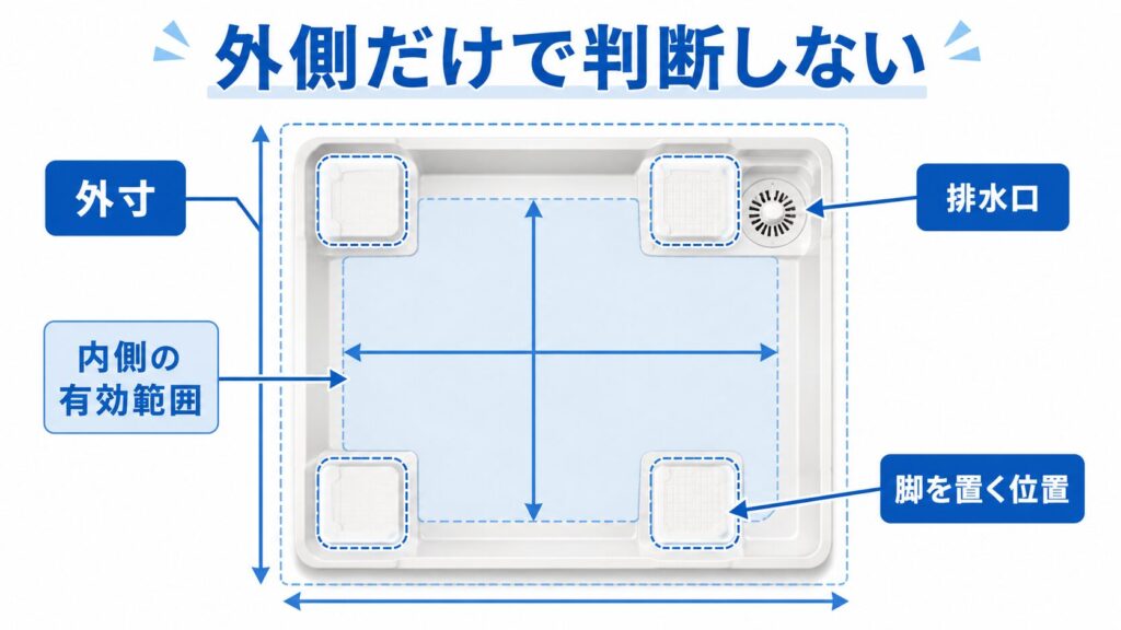 洗濯機用防水パンの外寸・内側の有効範囲・脚を置く位置・排水口を示した図