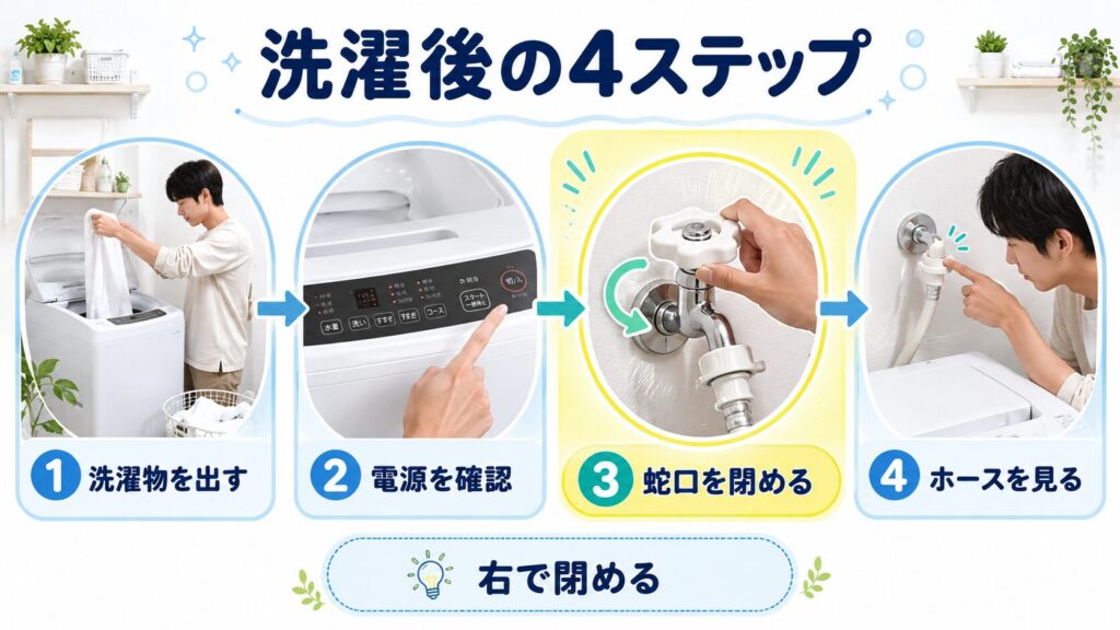 洗濯後に洗濯物を出し、電源を確認し、蛇口を閉め、ホースを見る4ステップ