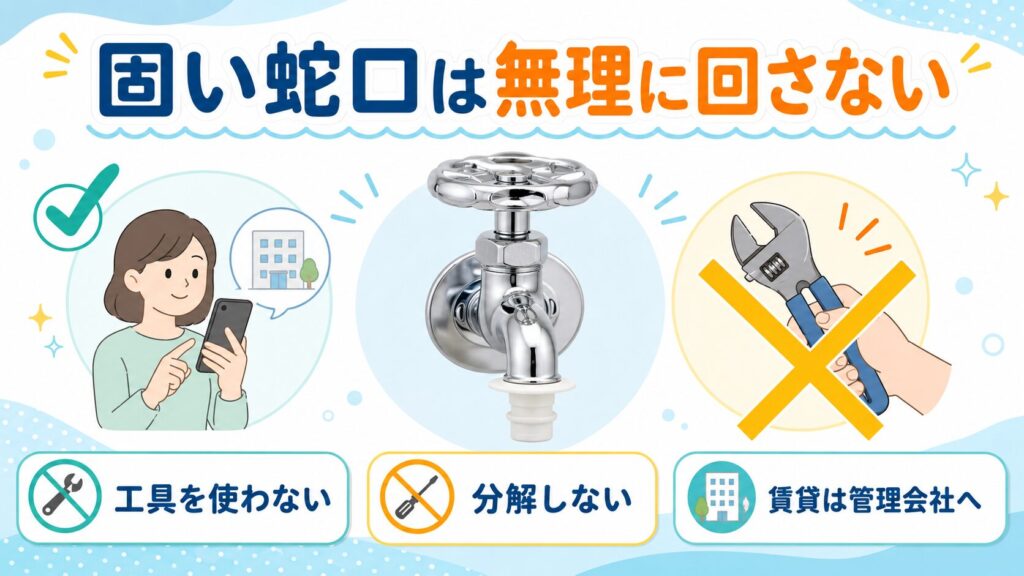 固い洗濯機用蛇口を工具で無理に回さず、賃貸では管理会社へ相談する図解