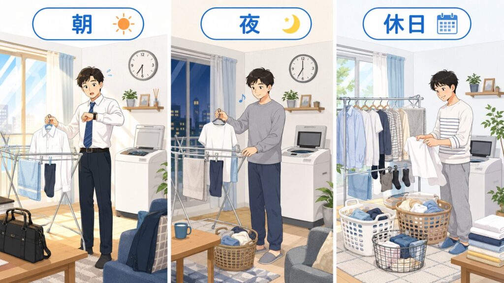 社会人が朝、夜、休日に洗濯する場合の違い