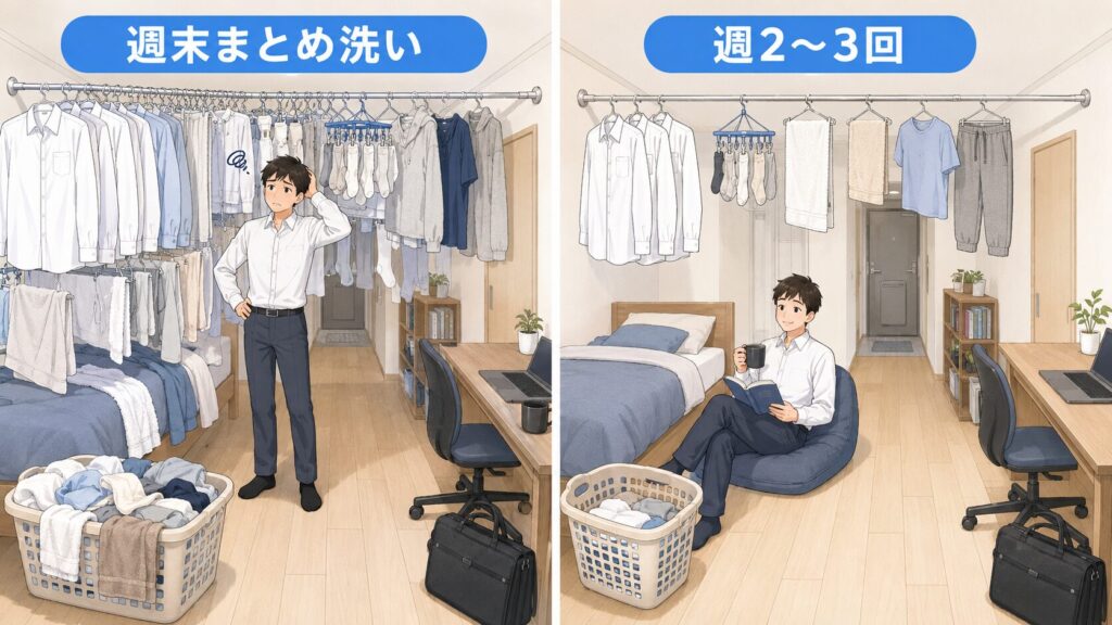ワンルームで週末にまとめて干す場合と週2〜3回に分けて干す場合の比較
