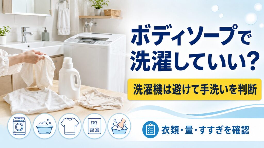 ボディソープを洗濯機へ入れず、衣類や洗い方を確認して手洗いを判断する図解