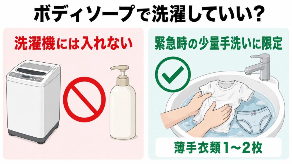 ボディソープは洗濯機に入れず、薄手衣類1〜2枚の緊急手洗いに限定する比較図