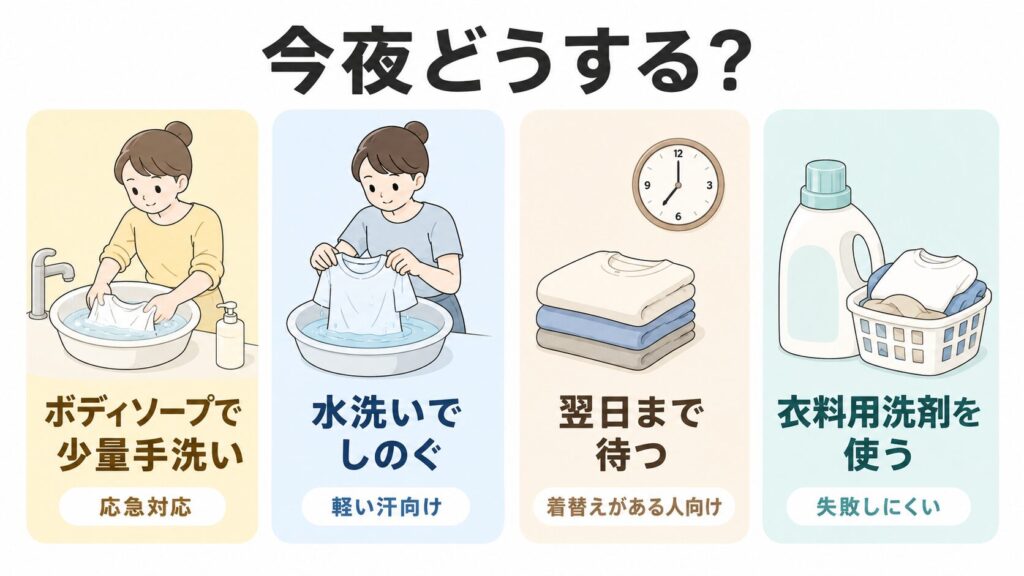 ボディソープでの手洗い、水洗い、翌日まで待つ方法、衣料用洗剤を使う方法の比較図