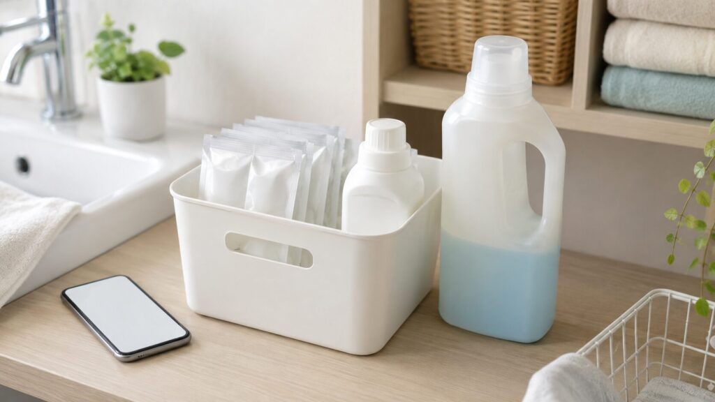 個包装や小容量の衣料用洗剤と残量管理で、次の洗剤切れに備える一人暮らしの収納イメージ