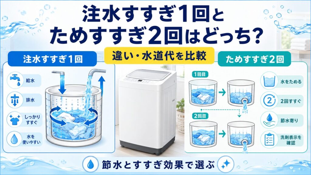 注水すすぎ1回とためすすぎ2回について、水の使い方、すすぎ効果、水道代の違いを比較する図解