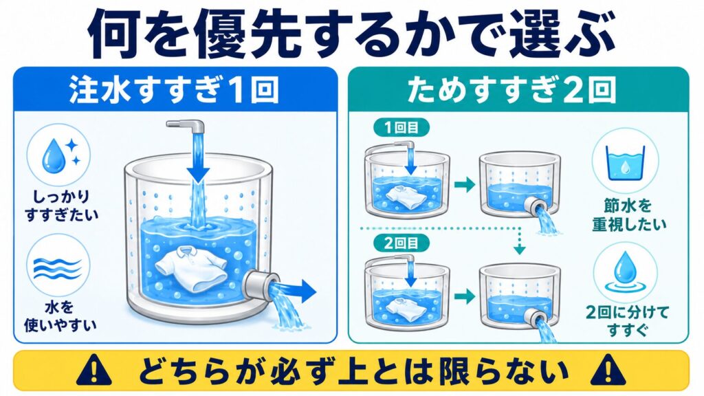 注水すすぎ1回とためすすぎ2回について、しっかりすすぐことと節水のどちらを優先するかで選ぶ図解