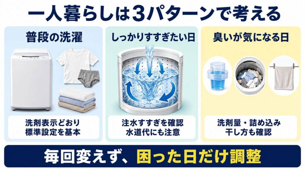 一人暮らしの洗濯について、普段の洗濯、しっかりすすぎたい日、臭いが気になる日のすすぎ設定を分ける図解