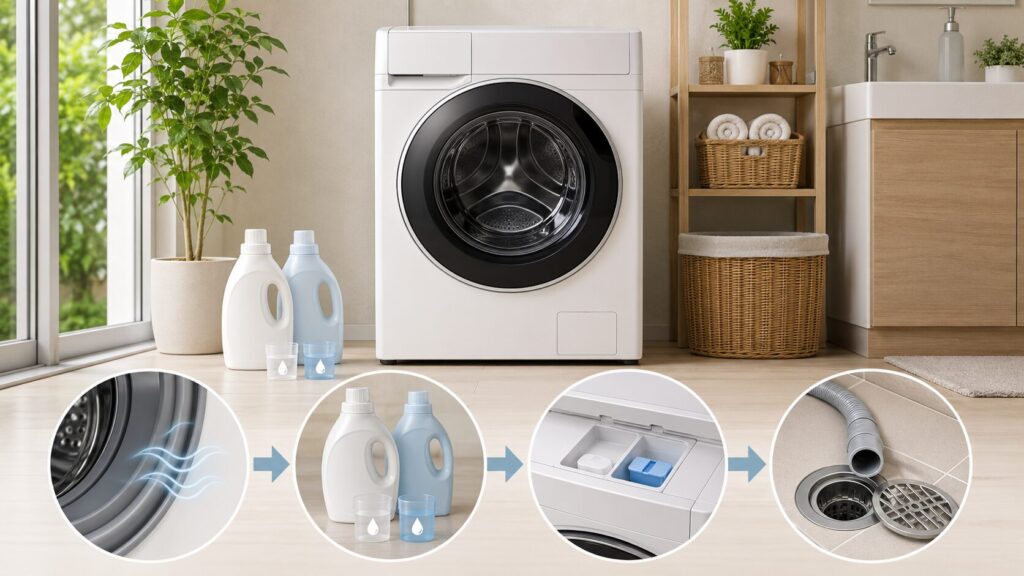 新品のドラム式洗濯機で自動投入や排水口の臭い原因を確認する様子