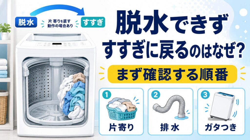 洗濯機が脱水できずすすぎに戻る原因として、衣類の片寄り、排水、ガタつきを示した図解