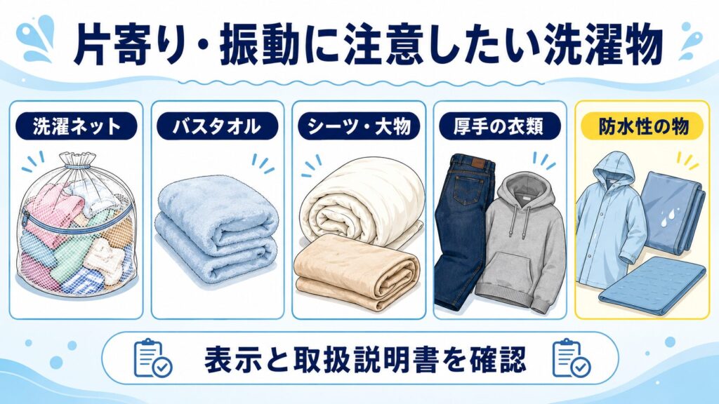 洗濯ネット、バスタオル、シーツ、厚手の衣類、防水性の物など、脱水時に注意したい洗濯物