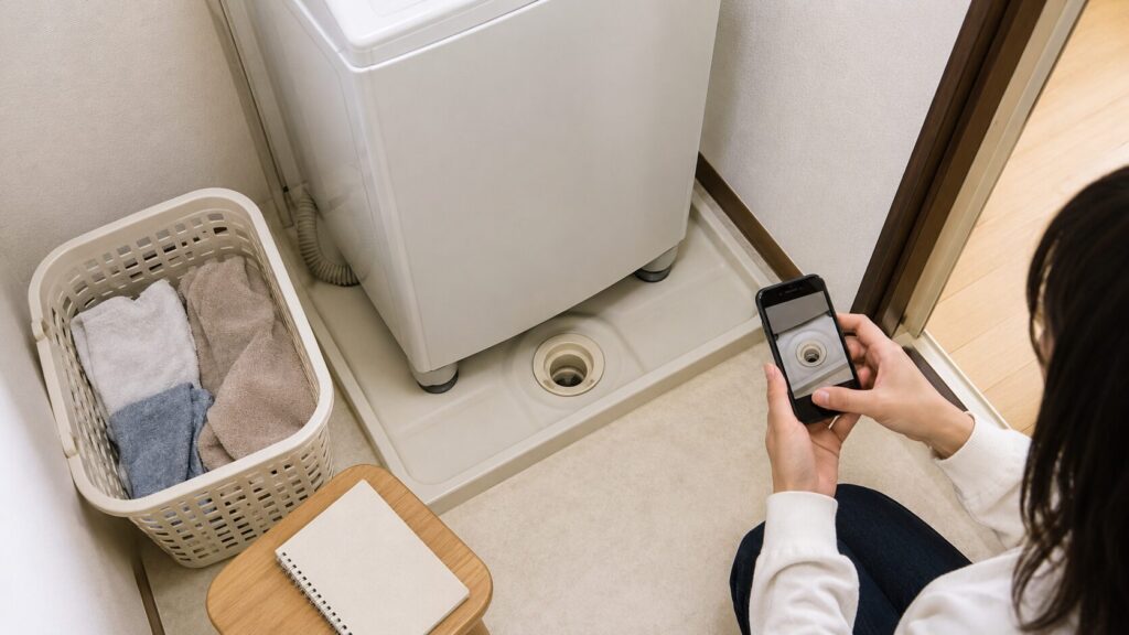 賃貸の洗濯機置き場で排水口をスマホで撮影して確認している様子