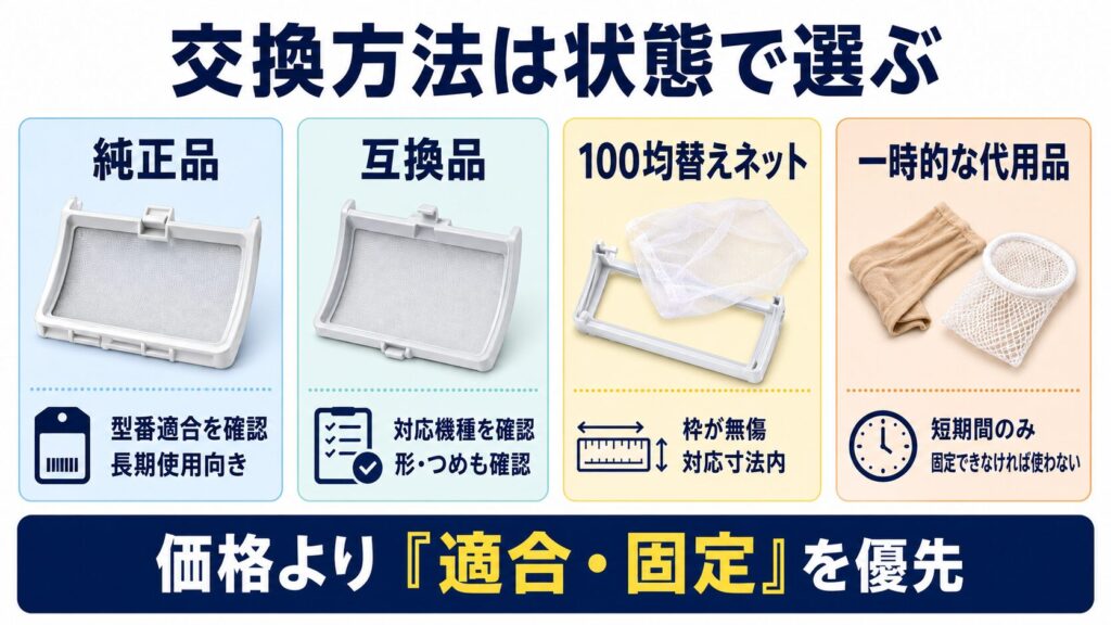 洗濯機のゴミ取りネットについて、純正品、互換品、100均替えネット、一時的な代用品を比較した図解