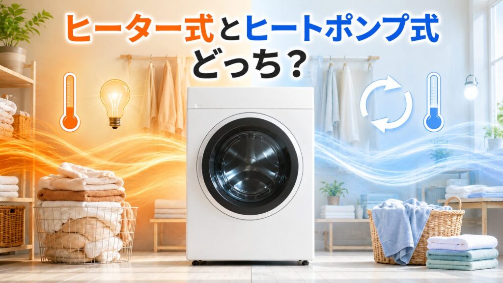 ヒーター式とヒートポンプ式の違いを比較するアイキャッチ画像