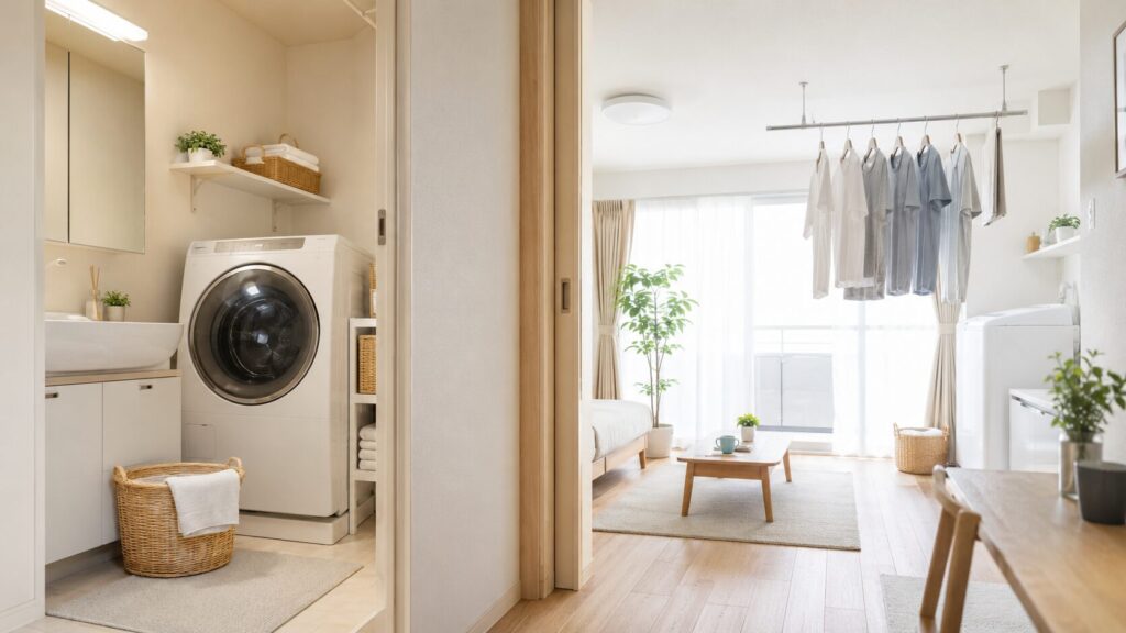 一人暮らしの乾燥頻度や部屋条件に合わせて洗濯乾燥機を選ぶ様子