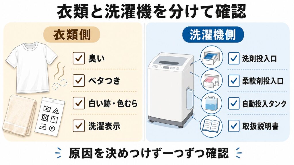 柔軟剤だけで洗った後に、衣類側の臭い・ベタつき・白い跡と、洗濯機側の投入口・自動投入タンクを分けて確認する図。