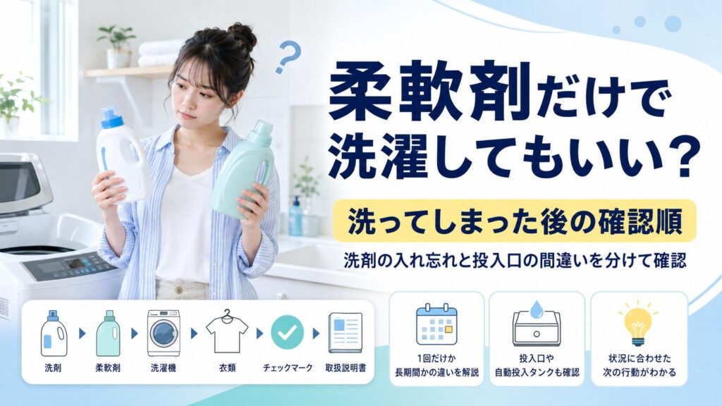 柔軟剤だけで洗濯したことに気付き、洗剤と柔軟剤の容器や洗濯機を確認する一人暮らしの利用者