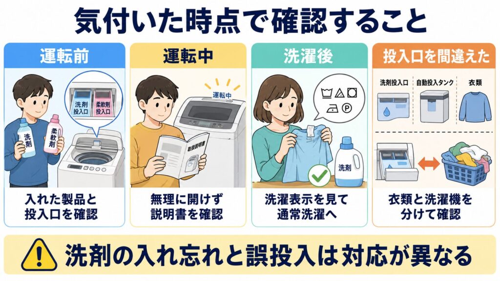 柔軟剤だけで洗ったことに運転前・運転中・洗濯後・投入口間違いで気付いた場合の確認順