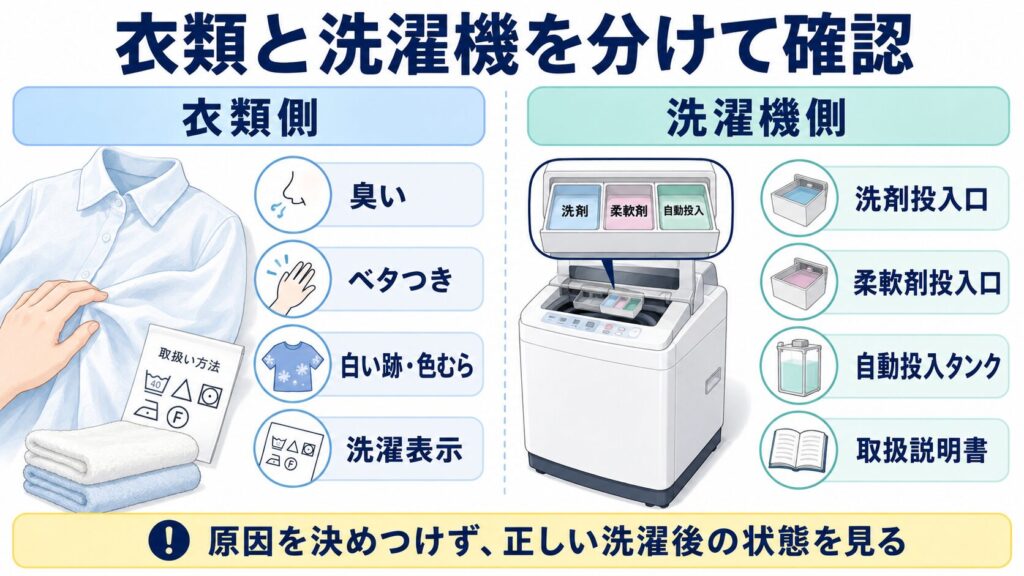柔軟剤だけで洗った後に衣類の臭い・ベタつき・白い跡と洗濯機の投入口・自動投入タンクを分けて確認する図