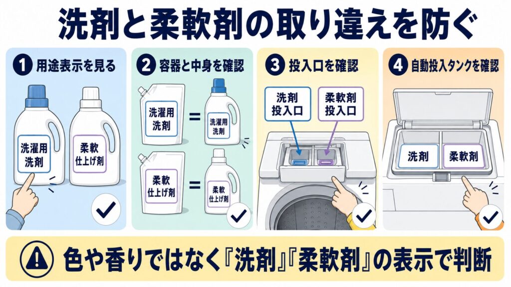 洗濯用洗剤と柔軟剤の用途表示、詰め替え容器、投入口、自動投入タンクを確認して取り違えを防ぐ図