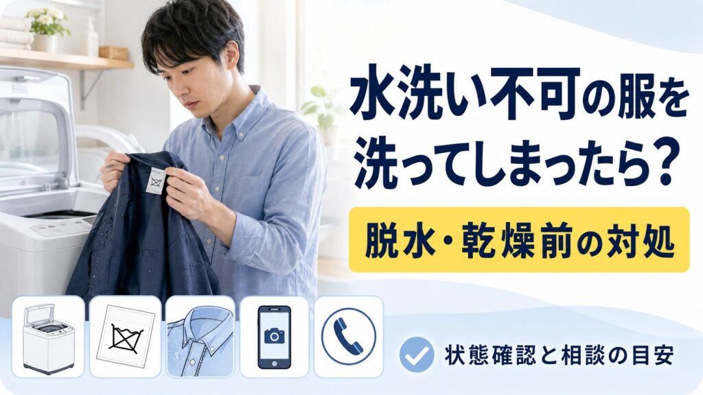 水洗い不可の服を洗ってしまったときに、脱水や乾燥の前に状態を確認して相談を判断する図解