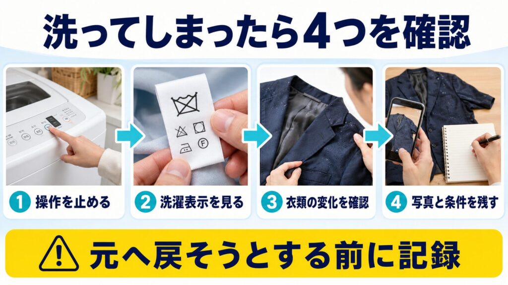 水洗い不可の服を洗った直後に、操作停止、洗濯表示、衣類の変化、写真と条件を確認する4手順