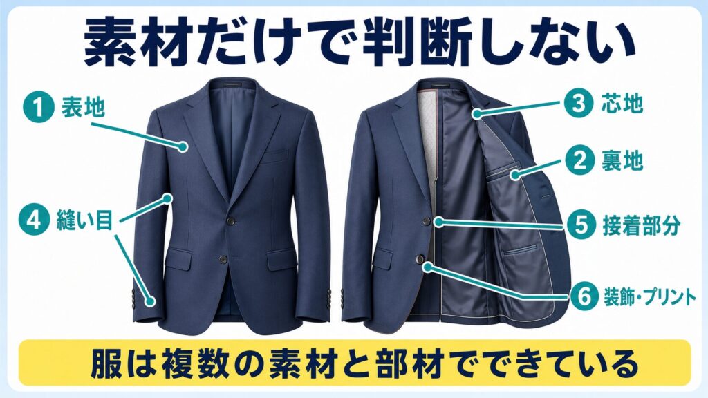 水洗い後の衣類について、表地、裏地、芯地、縫い目、接着部分、装飾を確認する図解