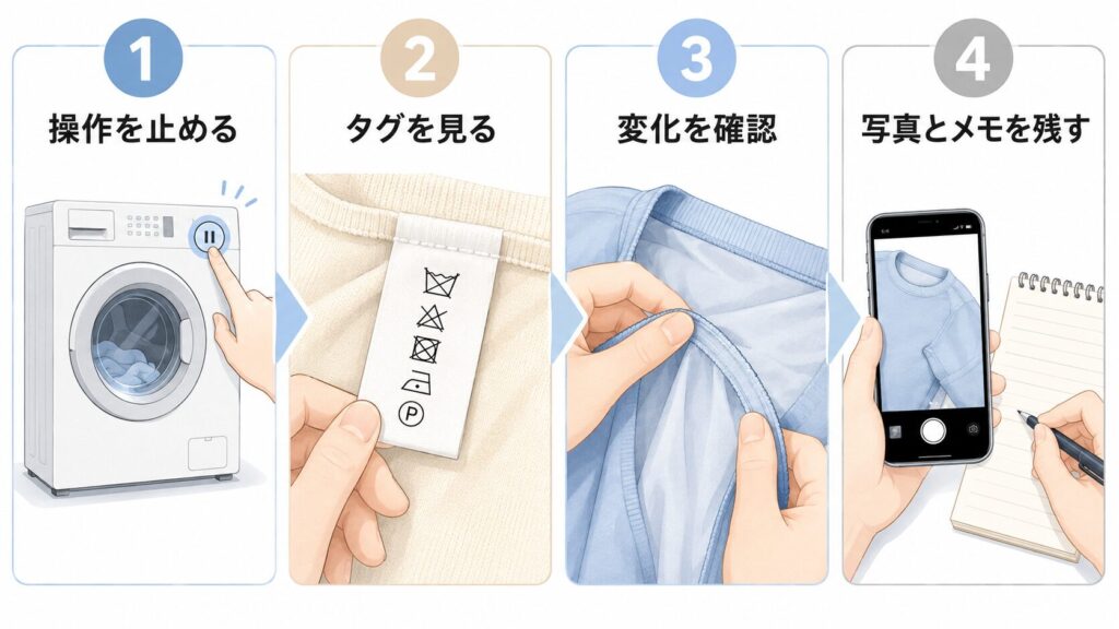水洗い不可の服を洗った直後に行う、操作停止から記録までの4手順