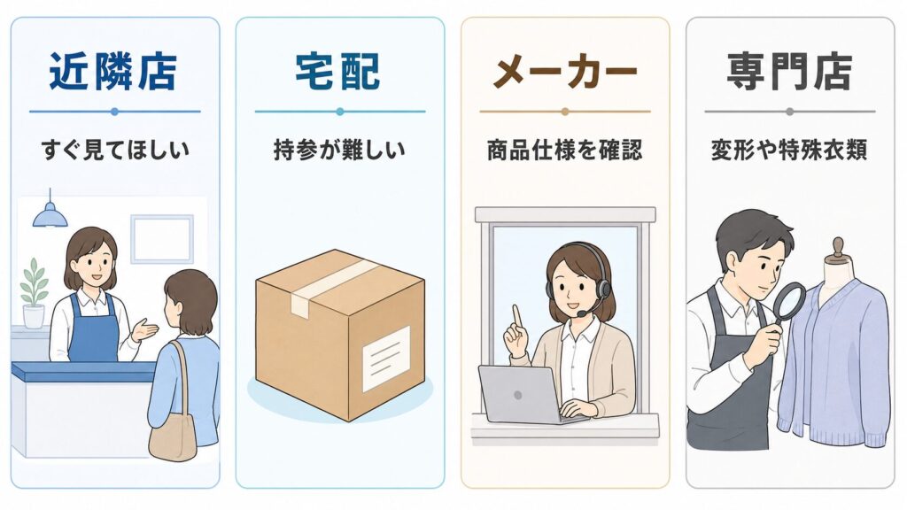 水洗い後の衣類について近隣店、宅配、メーカー、専門店を使い分ける比較図