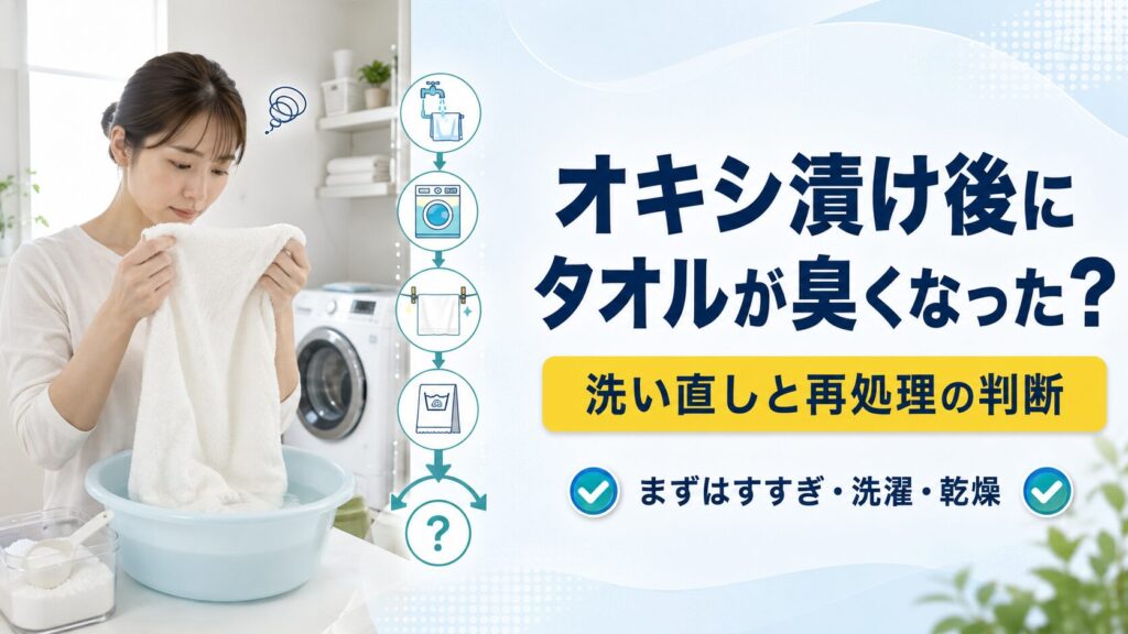 オキシ漬け後にタオルが臭くなったとき、すすぎ、洗濯、乾燥を行い再処理を判断する図解