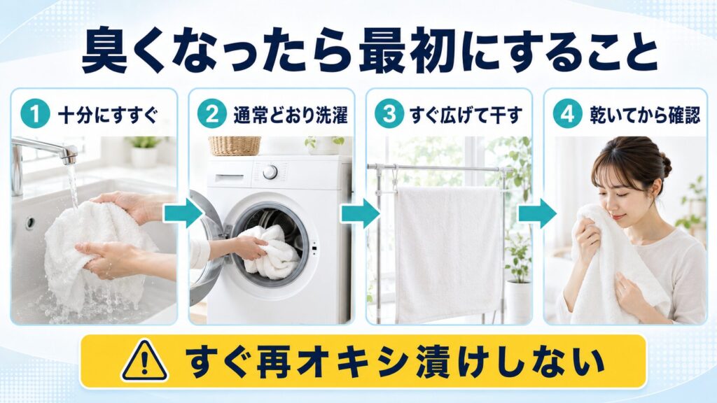オキシ漬け後に臭くなったタオルを、すすぎ、通常洗濯、乾燥、確認の順で対処する図解