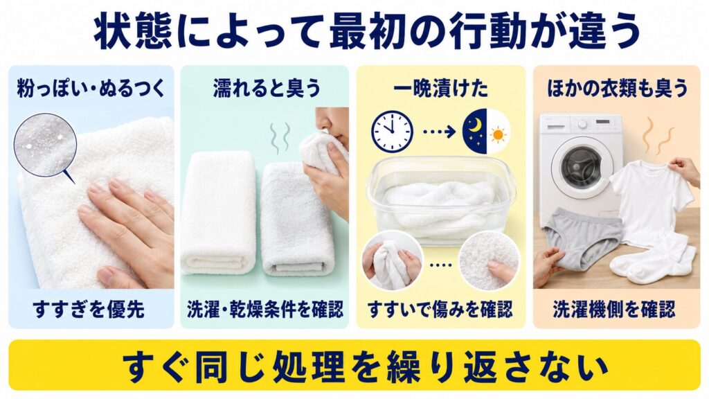 オキシ漬け後のタオルについて、粉残り、濡れたときの臭い、一晩放置、ほかの衣類の臭いから対処を分ける図解